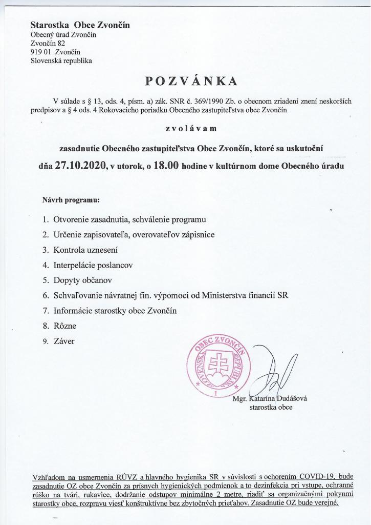 Pozvánka na verejné zasadnutie OZ 27.10.2020