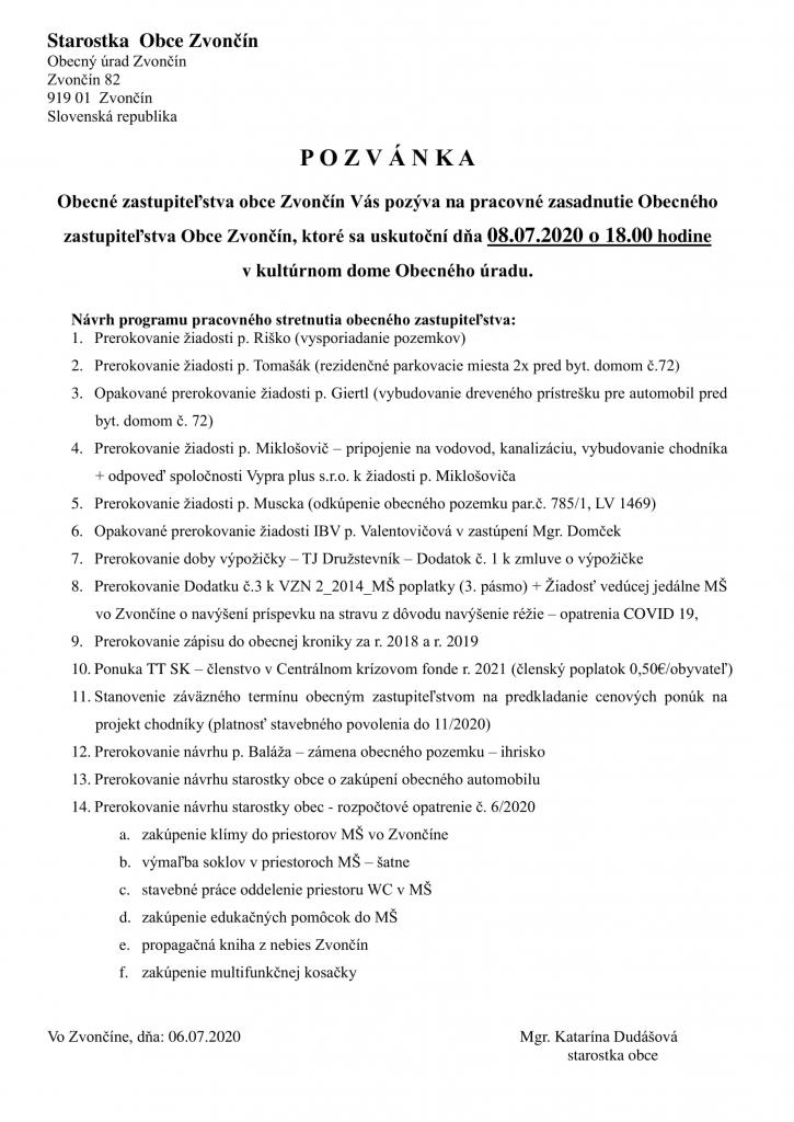 Pozvánka na&nbsp;pracovné zasadnutie OZ 08.07.2020
