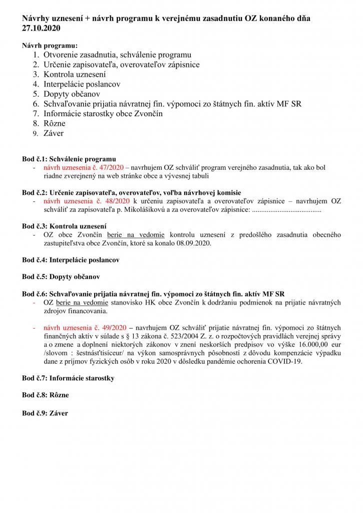 Návrhy uznesení k verejnému OZ 27.10.2020