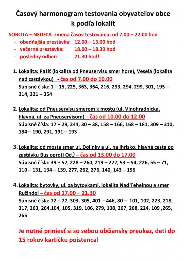 POZOR ZMENA!!! Zmena času doby testovania + časový harmonogram testovania obyvateľstva obce Zvončín.
