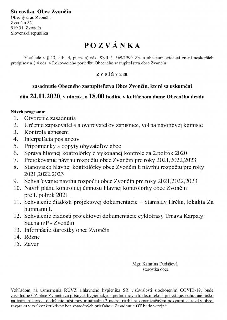 Pozvánka na verejné zasadnutie OZ 24.11.2020