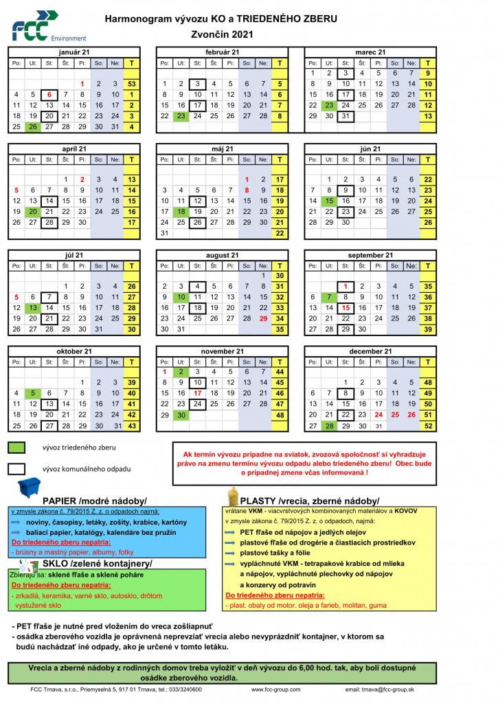 Harmonogram vývozu KO a triedeného odpadu r. 2021