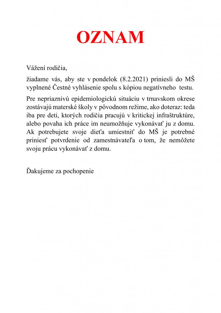 Dôležitý oznam - MŠ Zvončín 8.2.2021