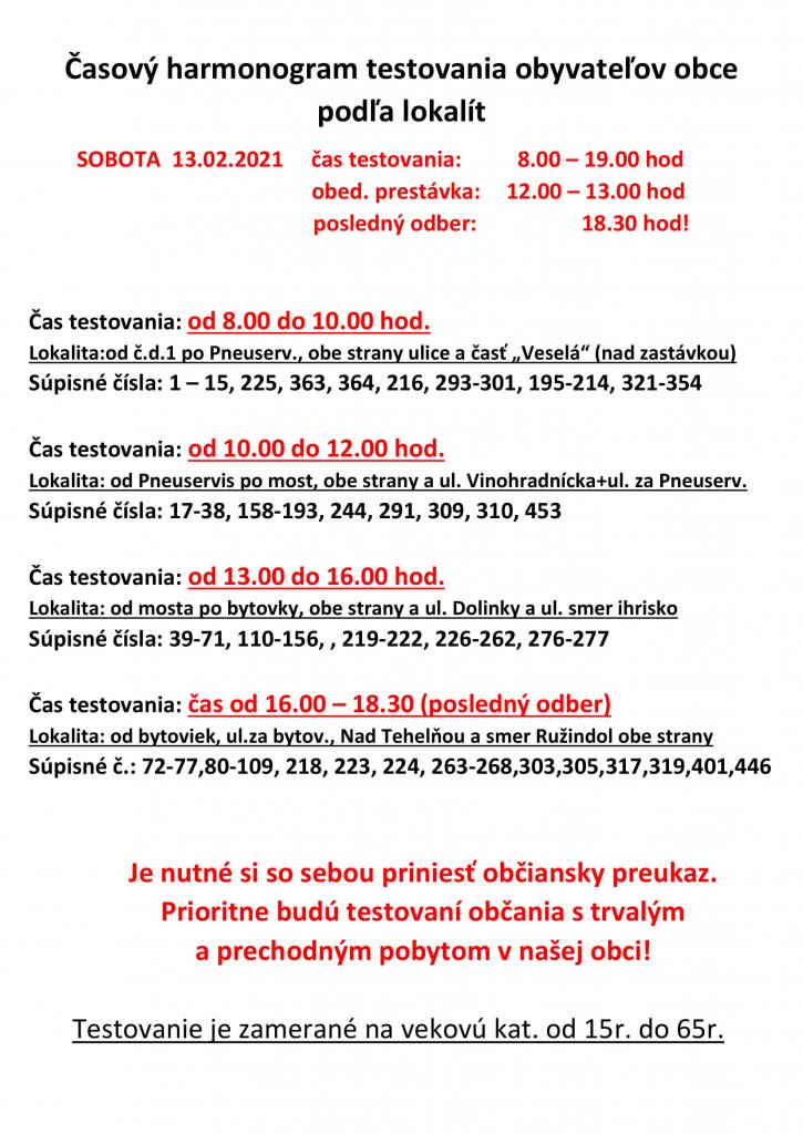 Harmonogram testovania občanov Zvončín 13.02.2021