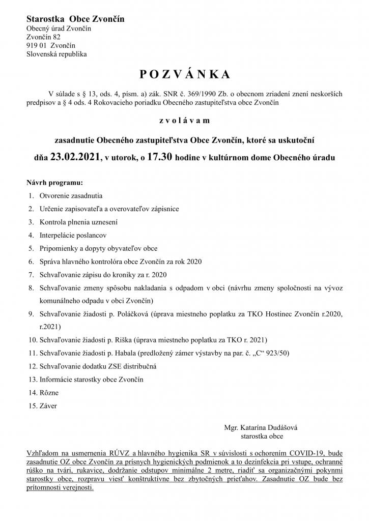 Pozvánka verejné OZ 23.02.2021