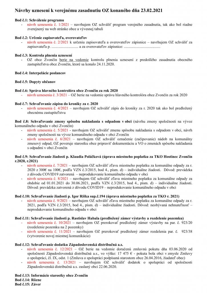 Návrhy uznesení verejné OZ 23.02.2021