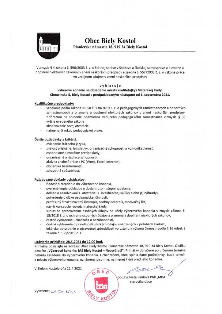 Výberové konanie na pozíciu riaditeľa/ky MŠ Biely Kostol