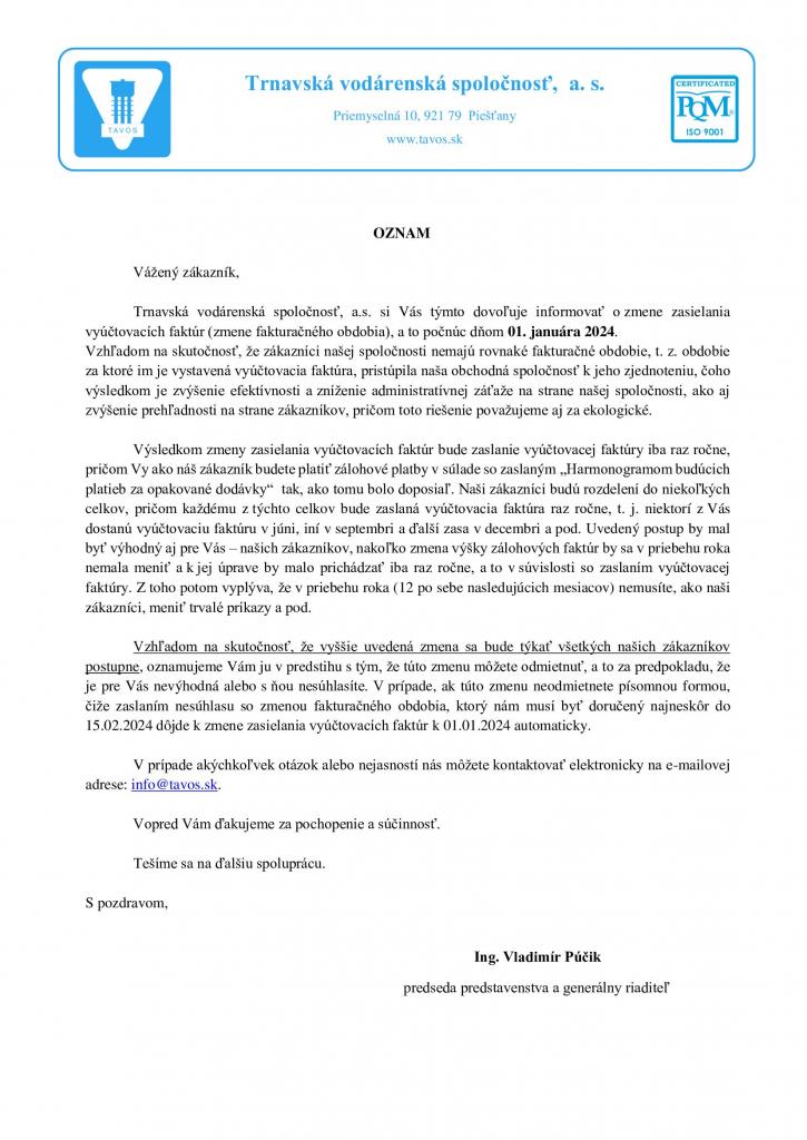 oznam-zmena zasielania VF