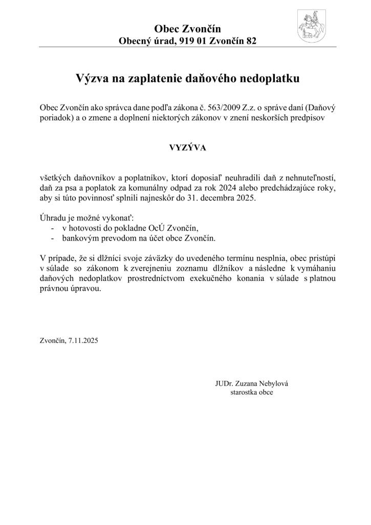 výzva na zaplatenie daňového nedoplatku