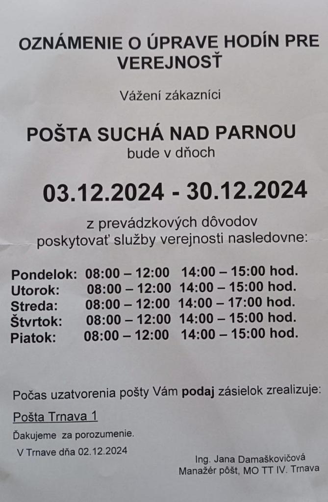 Zmena hodín pre verejnosť - pošta Suchá nad&nbsp;Parnou