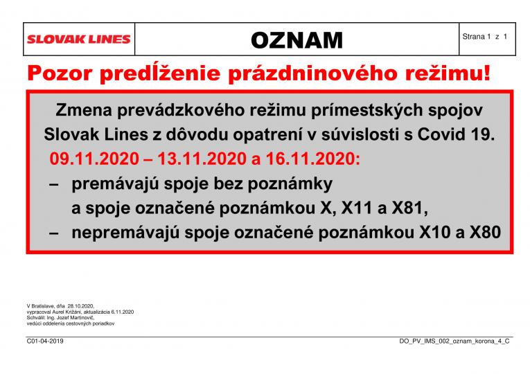 Oznam Slovak Lines - autobusová doprava úprava CP