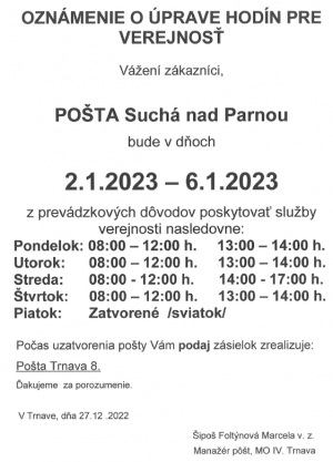 Pošta Suchá nad Parnou - oznámenie 