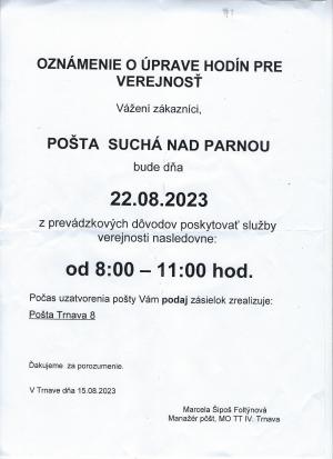 Pošta Suchá nad Parnou - zmena hodín pre verejnosť