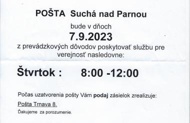 pošta Suchá nad Parnou - zmena hodín pre verejnosť